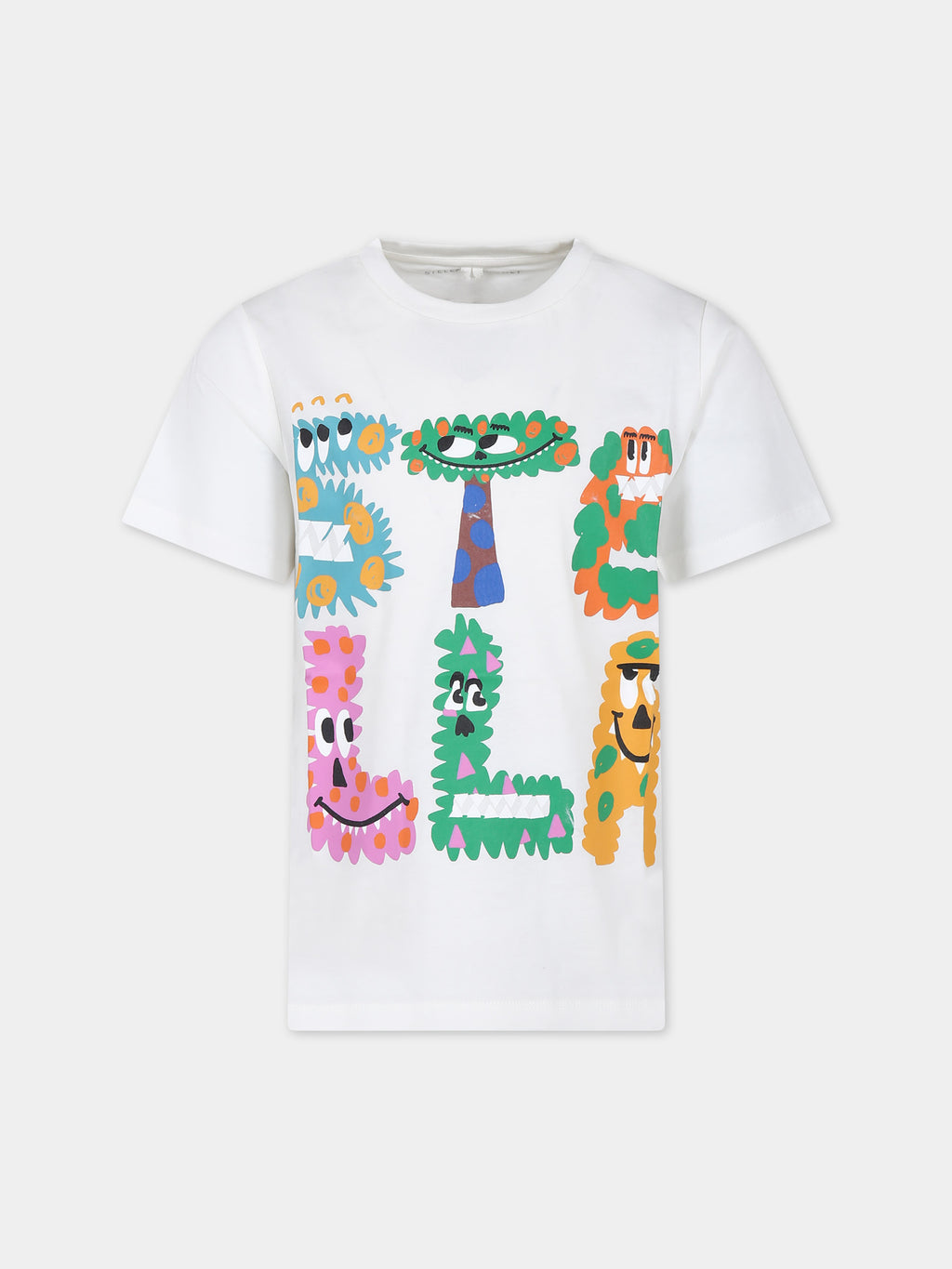 White t-shirt for kids with logo and monsters print